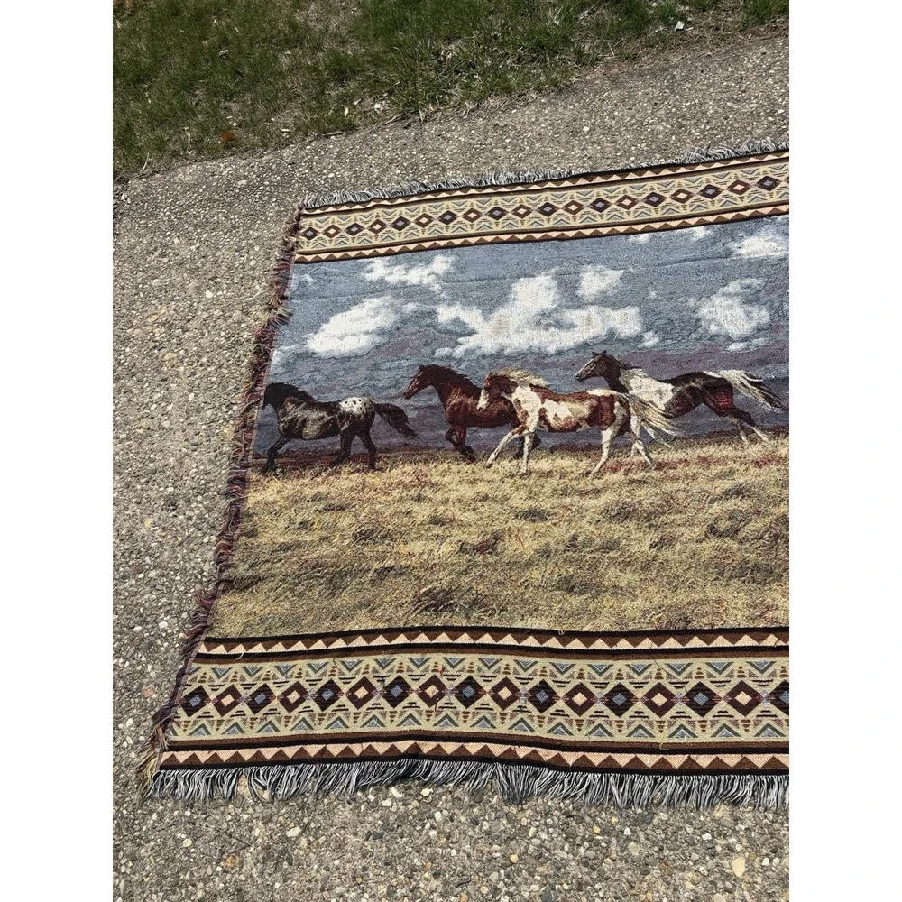 Vintage 90s C. Cummings Horses Fringe Throw Tapestry Blanket 13 FEET X 64 Inches